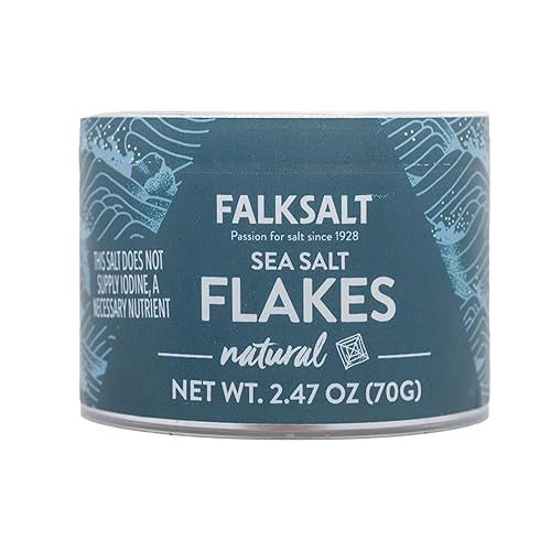 FALKSALT | Copos de sal marina naturales orgánicas de 2.47 onzas | Certificado sin OMG, Kosher y Halal | Copos de sal marina de acabado gourmet | 5