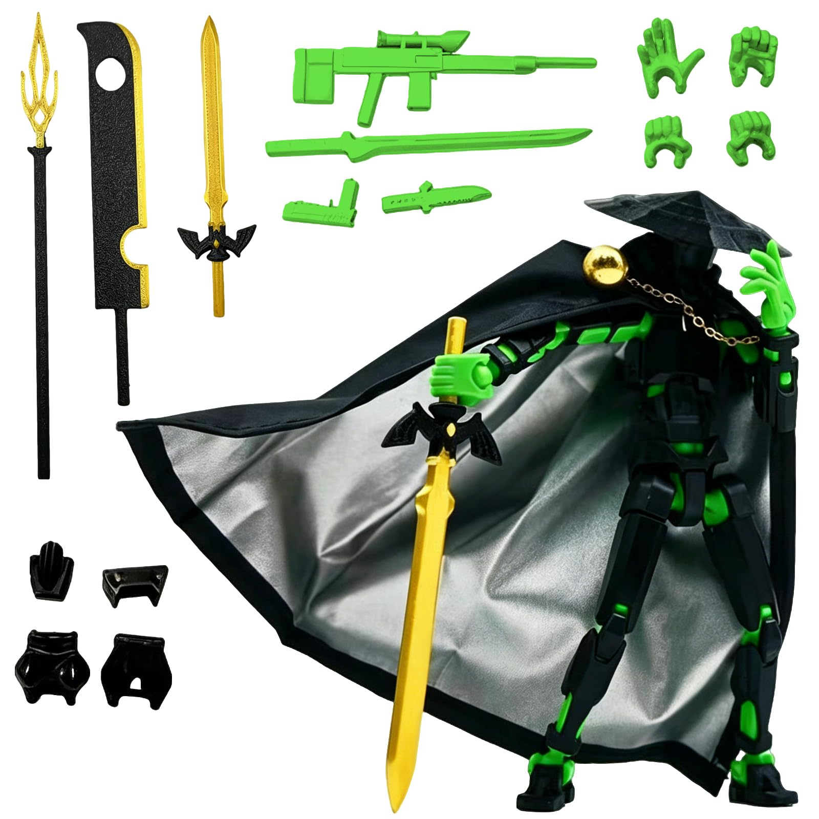 WANGHONGGOGO T13 Action Figures, 3D Printed Action Figure Set, Multi-Jointed Action Figure Gift with 7 Cool Weapons and 4 Hands, Gift Stop-Motion Animation Figure DIY Desktop Decoration(Black green)