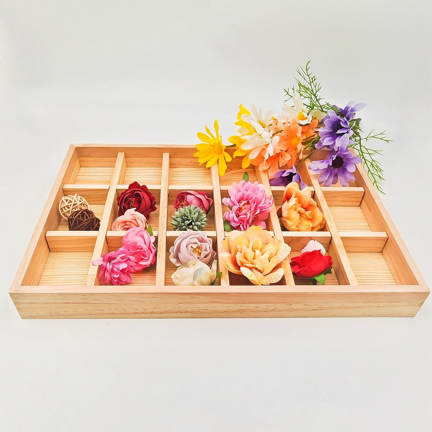 Anktily Wooden Sorting Tray Grid Display, Wood Storage Divider Organizer Showcase Display Box for Home Craft Office Kitchen Storage (18 Grids) image 4