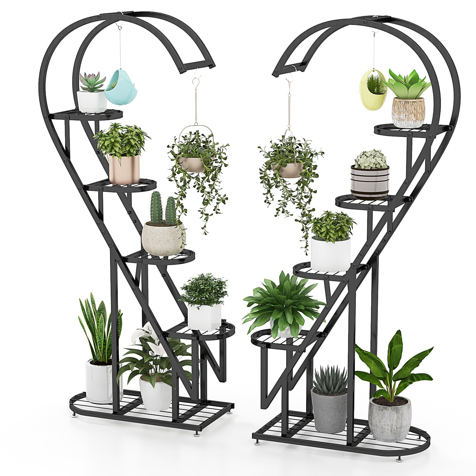 HOMASIS Support pour plantes à 5 étages en métal en forme de cœur - Avec crochets - Pour l'intérieur et l'extérieur - Pour salon, jardin, balcon, terrasse - Noir