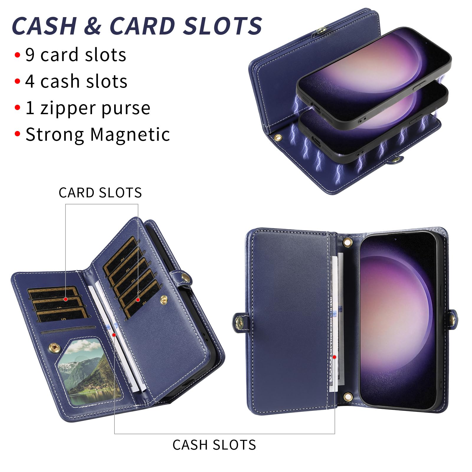 Custodia per Samsung Galaxy S23 Plus S23+5G con cerniera a portafoglio staccabile con pellicola protettiva per lo schermo a tracolla Bling Flip porta carte di credito S23plus 23S + S 23 23+ SM-S916U