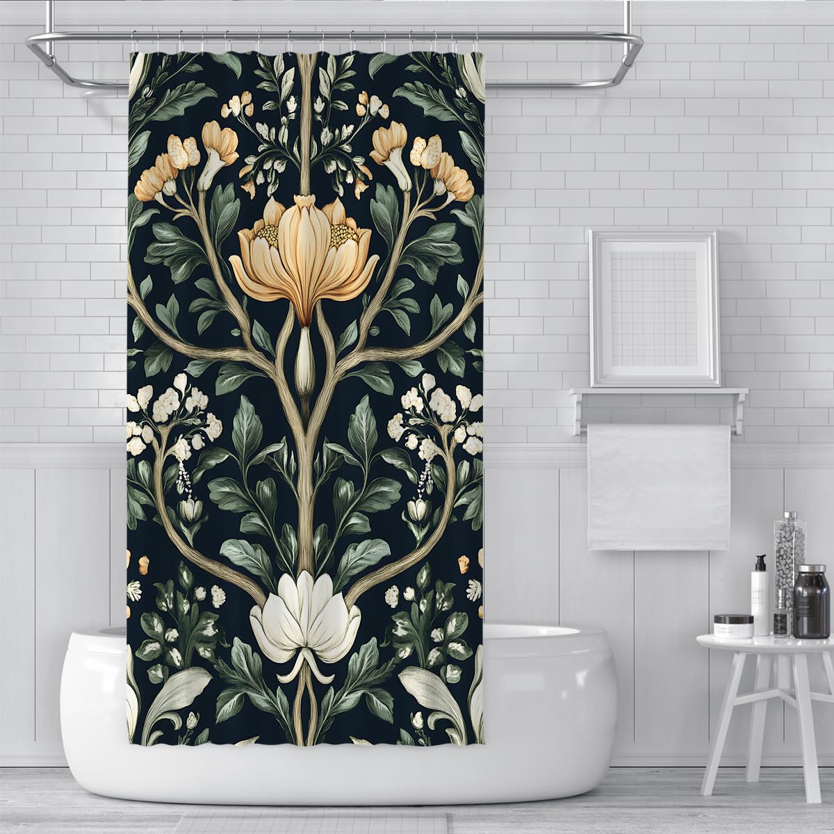 Romantischer Naturalismus Badezimmervorhang Symmetrisches Blumendesign Botanischer Gartenmuster Duschvorhang wasserdichte Polyester-Badewannendekoration 180 x 180 cm