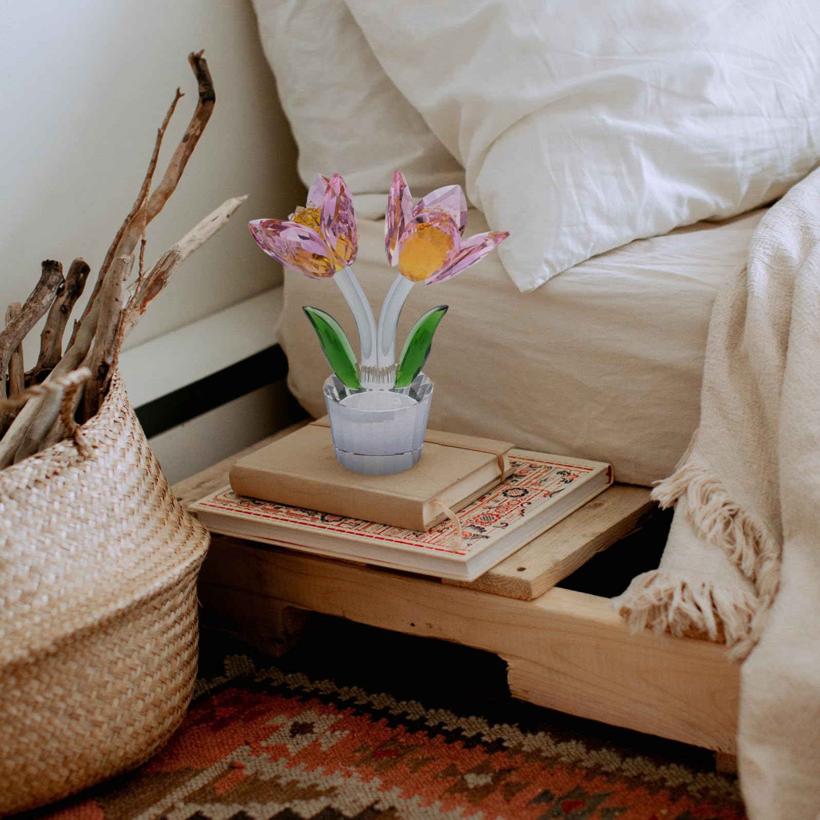 Decorazione Cristallo Fiore Tulipano da Scrivania Artigianato Creativo in Resistente con Base Piana Ornamento Floreale per Casa e Ufficio Centrotavola Raffinato e Decorazione