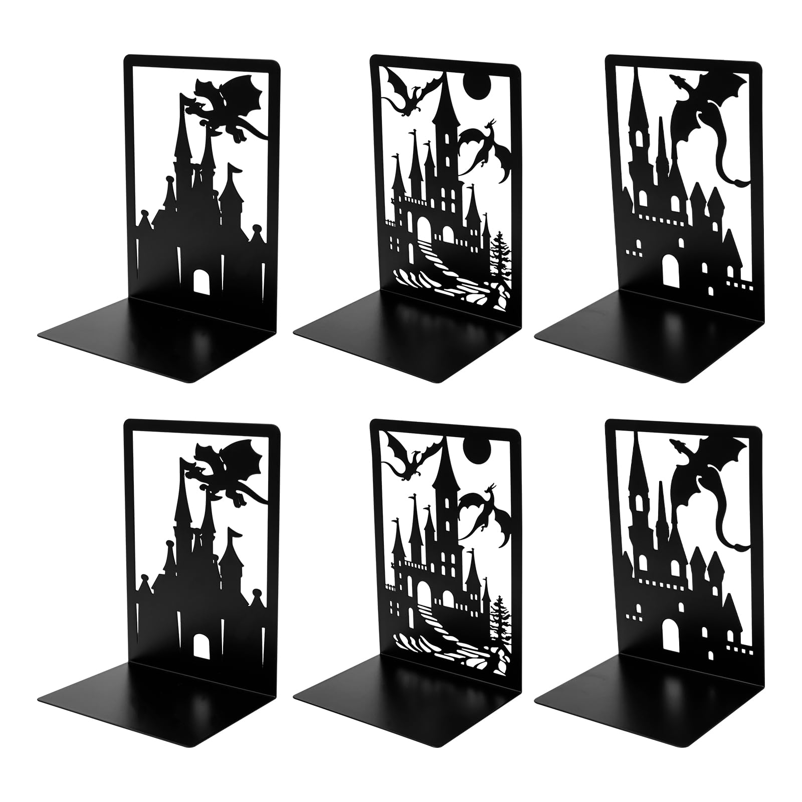 3 Pair Metal Bookends,Creative Heavy Duty Study Bookends Stoppers Holder,Rustproof Dragon Castle Book Ends,Unique Design Book Stopper Stand for Home, Office, Library,4.7×3.5×6.7in