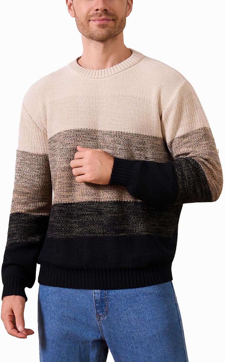 Mens Crewneck Sweater Casual Slim Fit Long Sleeve Striped Color Block Soft Thermal Knitted Pullover Sweaters - Image 3