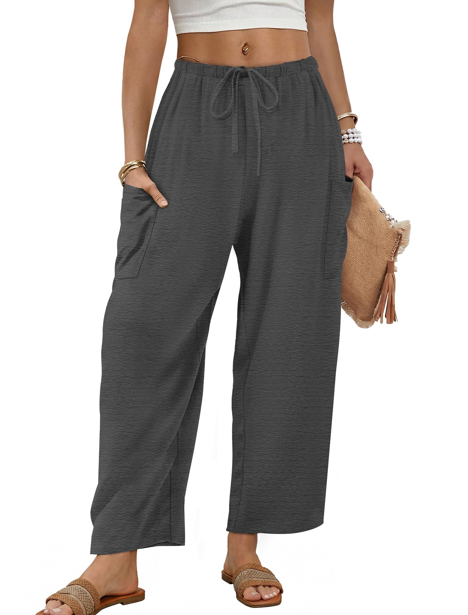 Sampeel Wide Leg Pants for Women Barrel Flowy Palazzo Elastic Waist Trousers with Pockets Summer Beach Vacation Outfits — view 12
