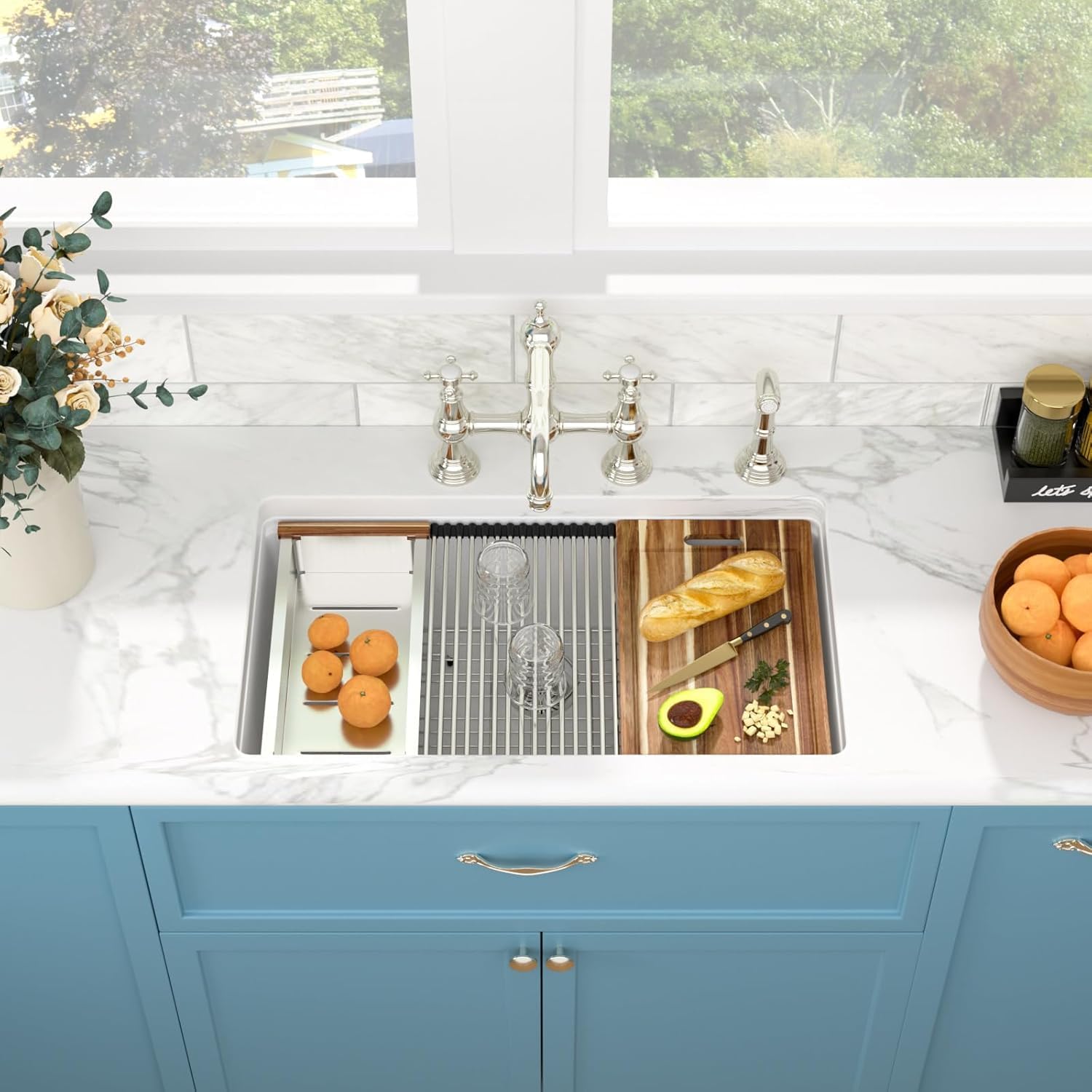 Sarlai Granite Composite Kitchen Sink - 32 x 19 Inch Granite Undermount Kitchen Sink Ledge Workstation 32 Inch Under-Mount White Quartz Classic Single Bowl Sinks Under Counter Basin With Accessories