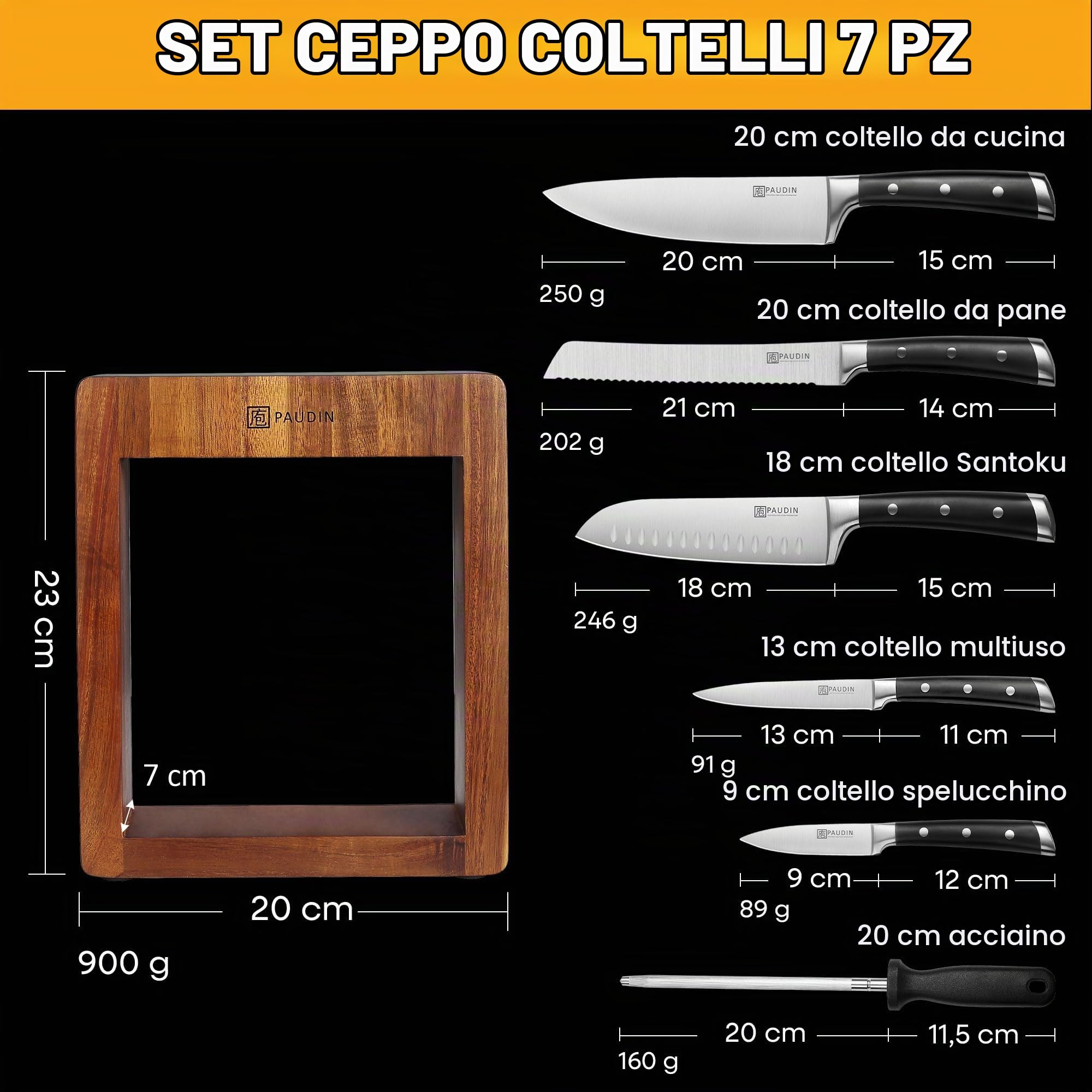 PAUDIN Ceppo coltelli set, set coltelli da cucina 7 pezzi affilati con ceppo in legno,coltello da cucina professionali con coltello da pane in acciaio inossidabile di alta qualità e manico in ABS