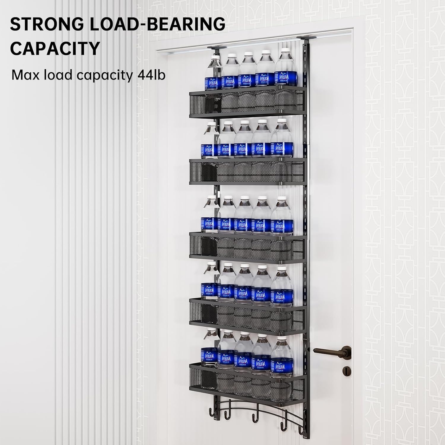 Space-Saving Over The Door Organizer with 5 Adjustable Baskets & 5 Hooks, Metal Wall Mount Storage Rack, Behind The Door Storage for Bathroom, Kitchen, Pantry, Laundry Room (Black)