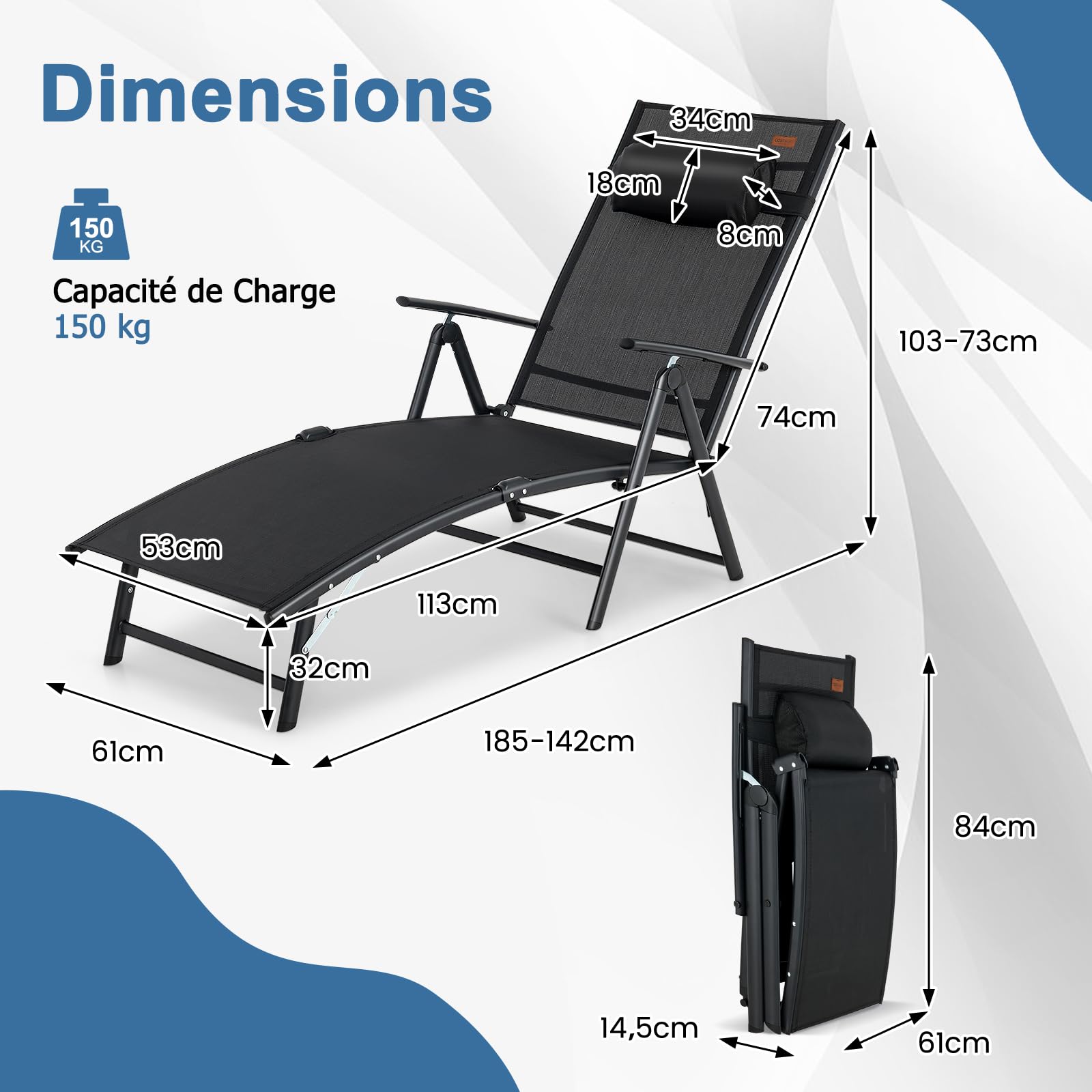 COSTWAY Chaise Longue Pliante, Transat Inclinable Portable avec Dossier Réglable sur 7 Positions, Bain de Soleil avec Accoudoir, Repose-Tête, Extérieur pour Piscine, Jardin, Balcon (Noir)