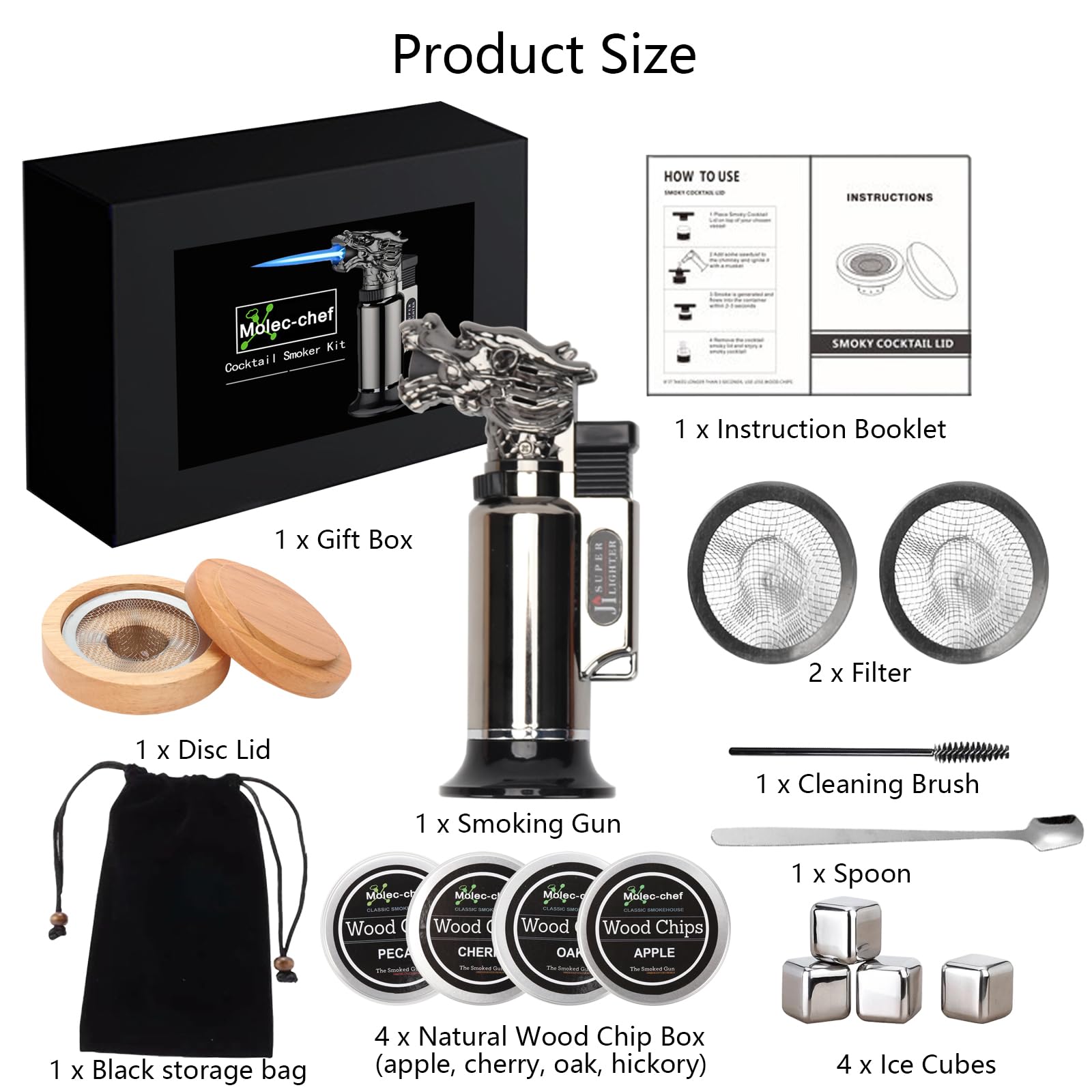 Kit per Affumicatore da Cocktail con Torcia, Mini Affumicatore Cocktail Set con 4 Gusti Tucioli di Legno e 4 Cubetti di Ghiaccio, Kit per Fumatori di Bevande per Whisky, Bevande, Bourbon, Bistecche