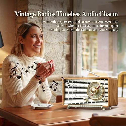 Miniatura 5 de YOWGUIF - Radio AM FM clásica retro de madera para mesa, altavoces Bluetooth, radios enchufables de pared con perilla giratoria, ideal para el hogar