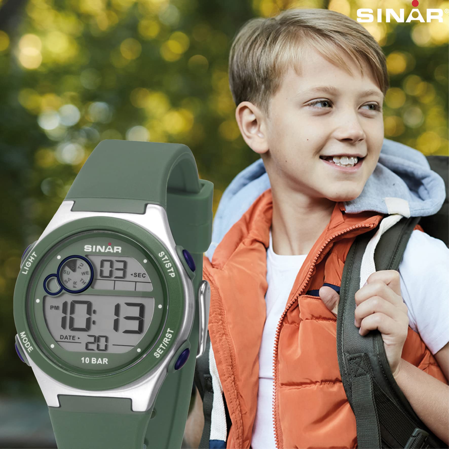 SINAR XF-68-3 - Orologio da polso per ragazzi, digitale, al quarzo, 10 bar, con allarme, luce EL e cinturino in silicone, verde oliva, blu, verde, Sportivo