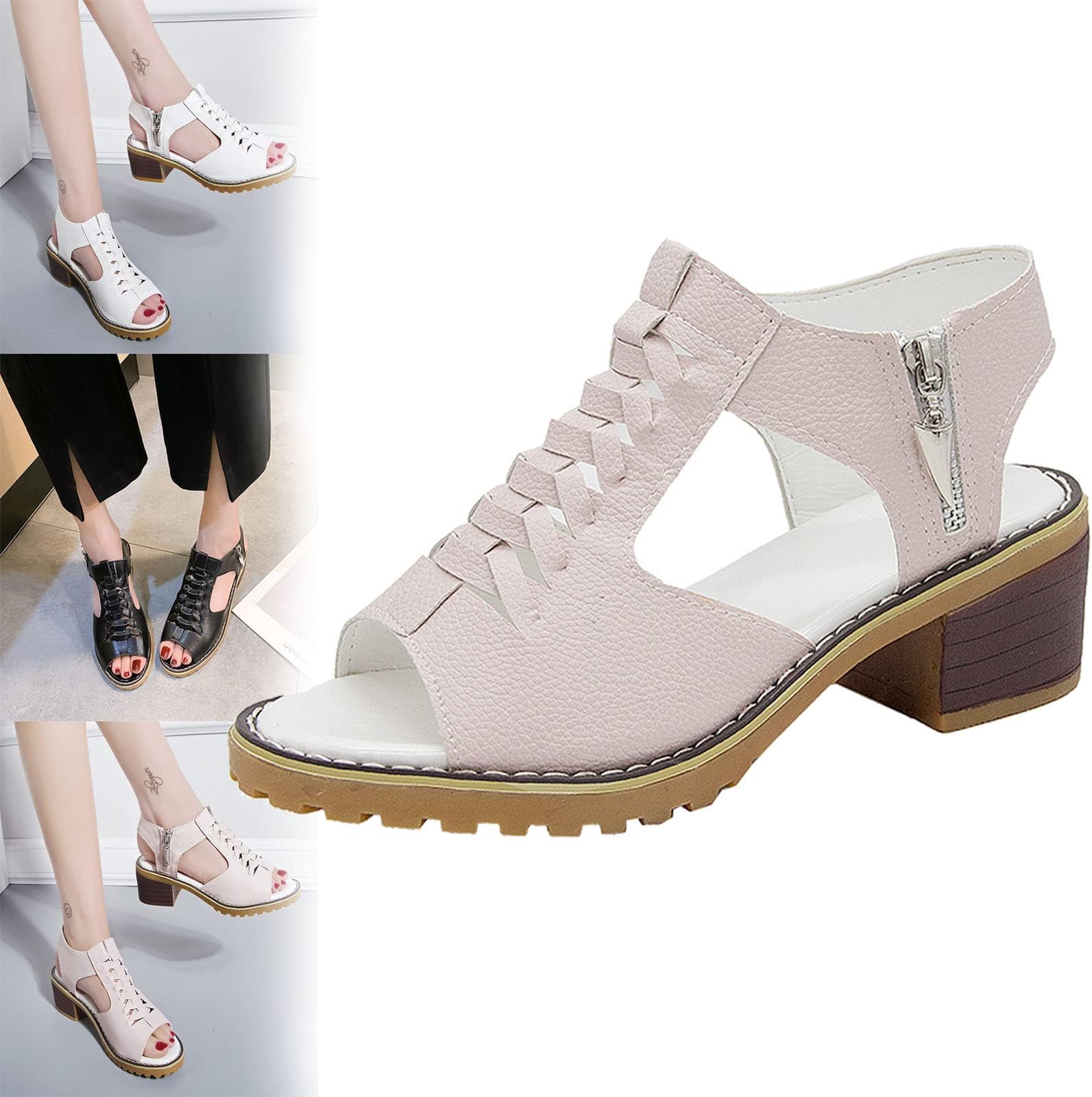 Libiyi Sandals, Libiyi Women's Comfy Orthotic Sandals, Libiyi Peep Toe Hollow Weave Fish Mouth Zipper Chunky Heel Sandals
