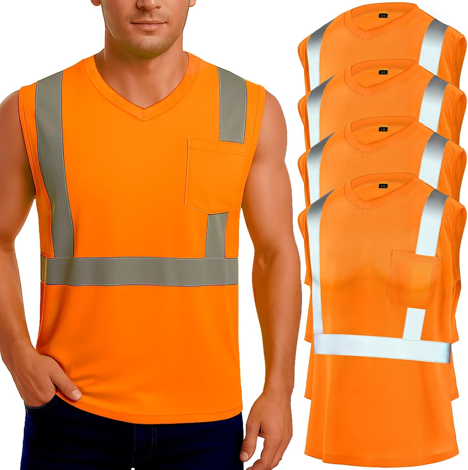 Amylove 4 Pcs Hi Vis Sleeveless Reflective Shirt for Men Class 2 Construction Work Shirts with Pockets for Men Women