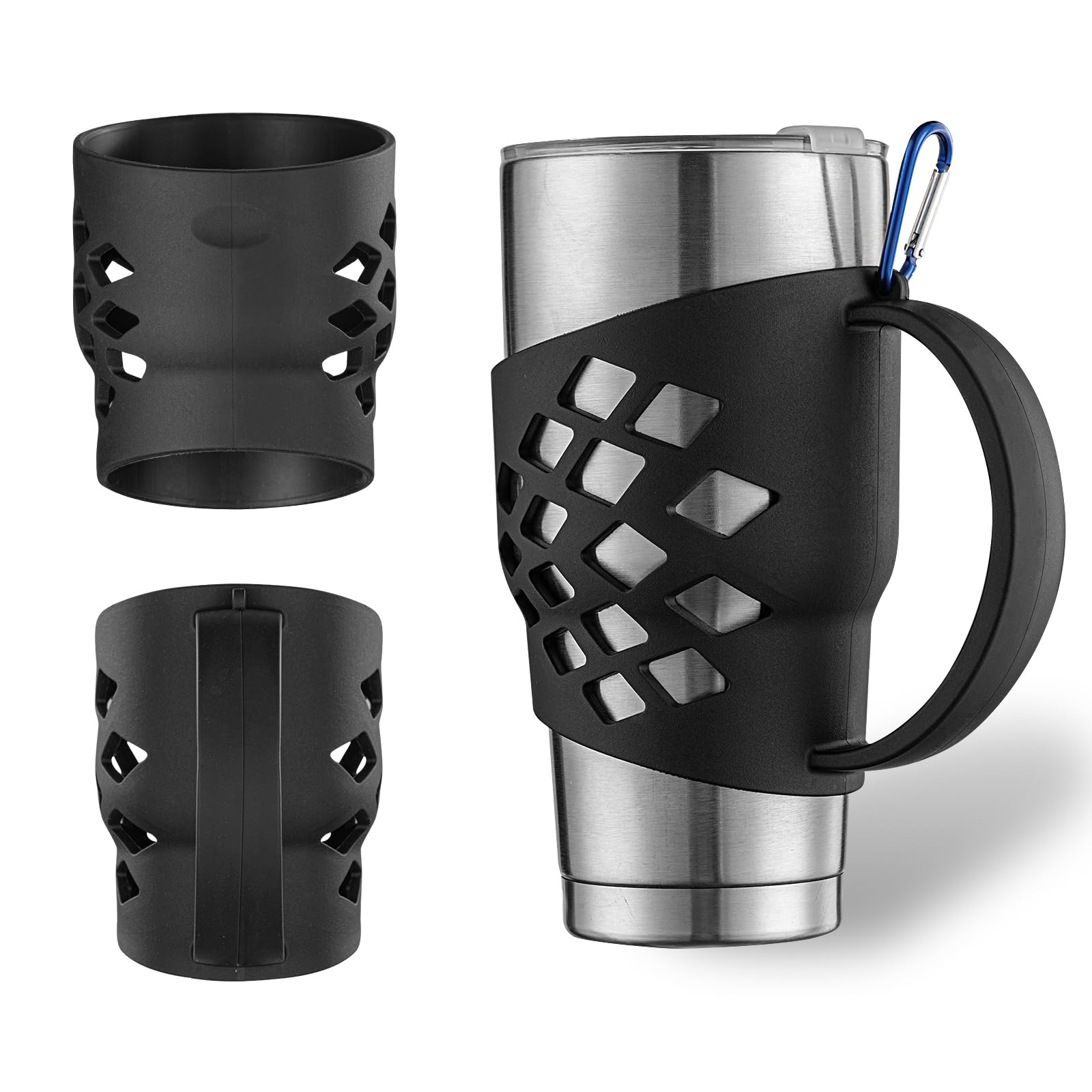 Anti-Slip Silicone Sleeve for 30 oz Tumblers - Integrated Handle & Carabiner Clip, 3mm Thick Non-Slip Grip, Universal Fit for Yeti Hydro Flask Ozark Trail SUNWILL Owala SmoothSip (Black)-image-43