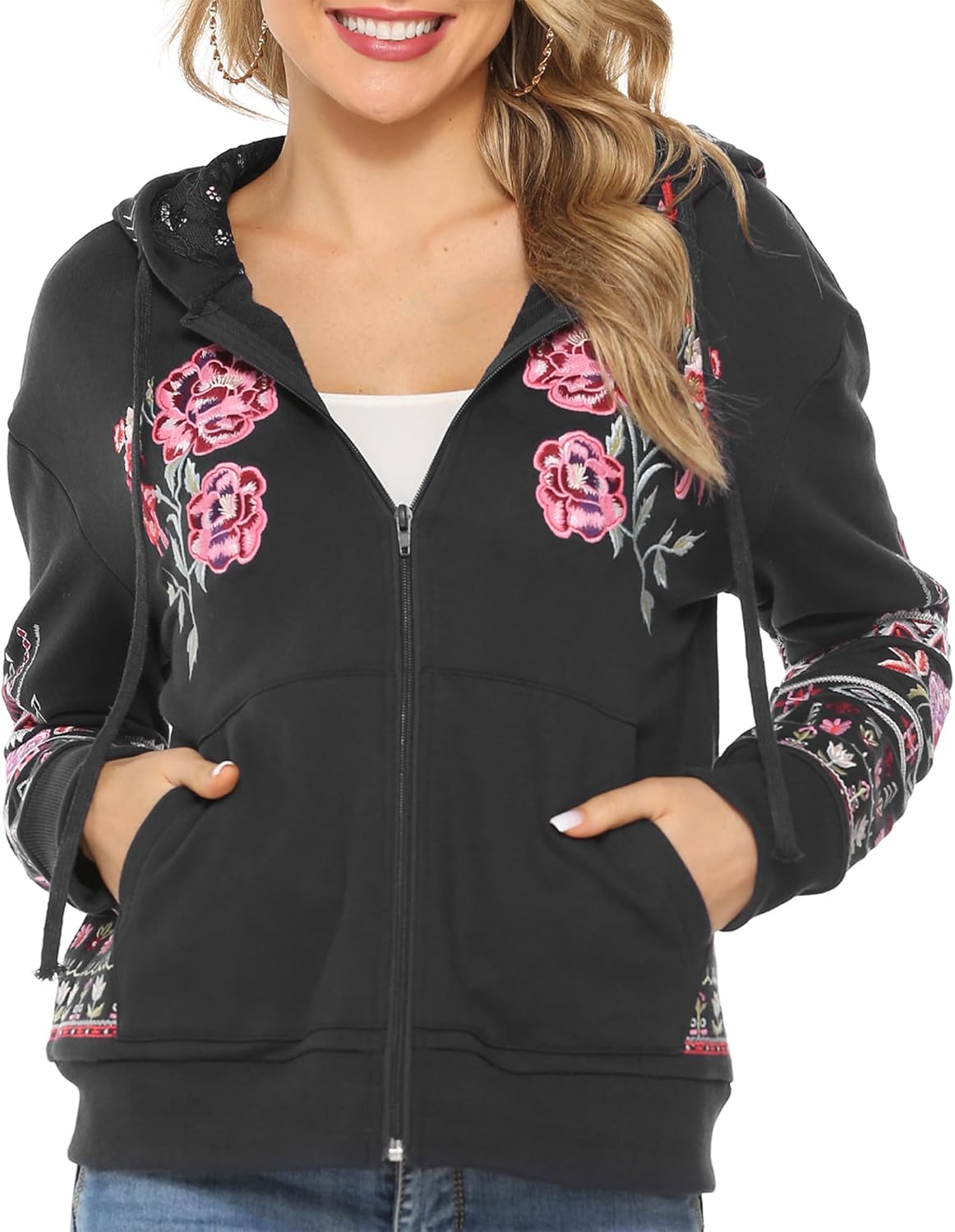 Bohemian Embroidered Jacket for Women Mexican Floral Full Zip Long Sleeve Coat Fall Winter Warm Hoodie - Image 4