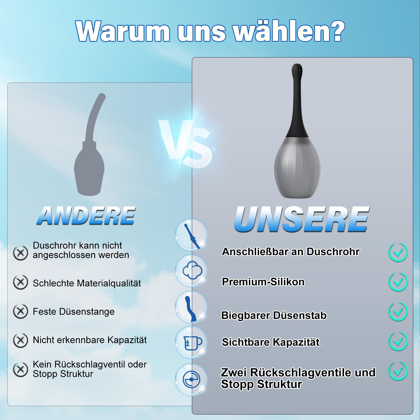 Analdusche für Analverkehr Klistier Einlaufgerät Darmreinigung - 300ML Silikon Analdusche für Mann mit Biegbarer Einlauf Duschdüse Anti-Rückfluss Irrigator Klistier zur Darmspülung, Schwarz