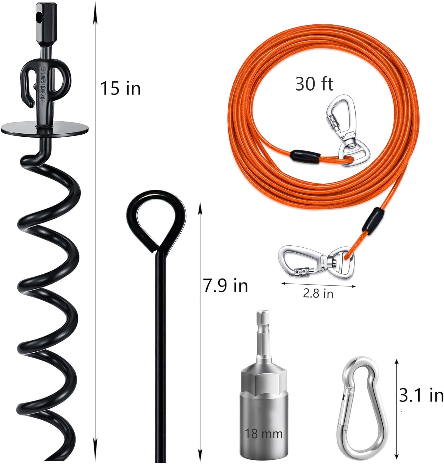 15" Heavy Duty Steel Dog Stake - 9mm Solid Anchor for Dogs Up to 120 lbs - 30FT Orange Tether-Yard, Camping, Outdoor Use (Black, 30ft Cable and Stake)