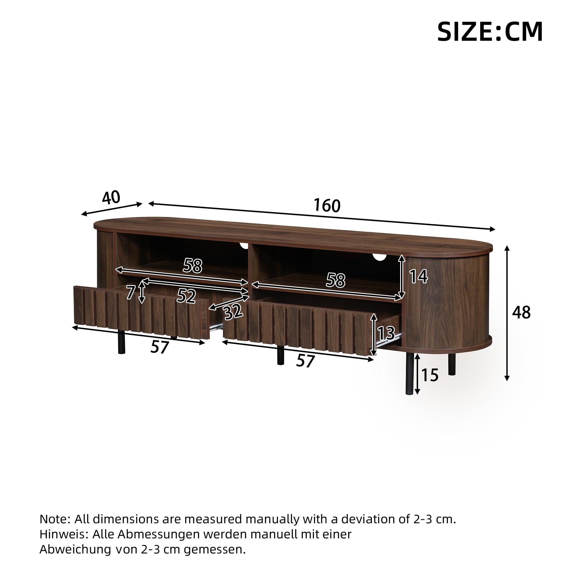 Fernsehschrank für 65 Zoll TV, Lowboard mit Schubladen & 5 Metallbeinen, Wohnzimmermöbel in Walnuss-Optik mit Stauraum, 160 x 40 cm, MDF, modern & stabil