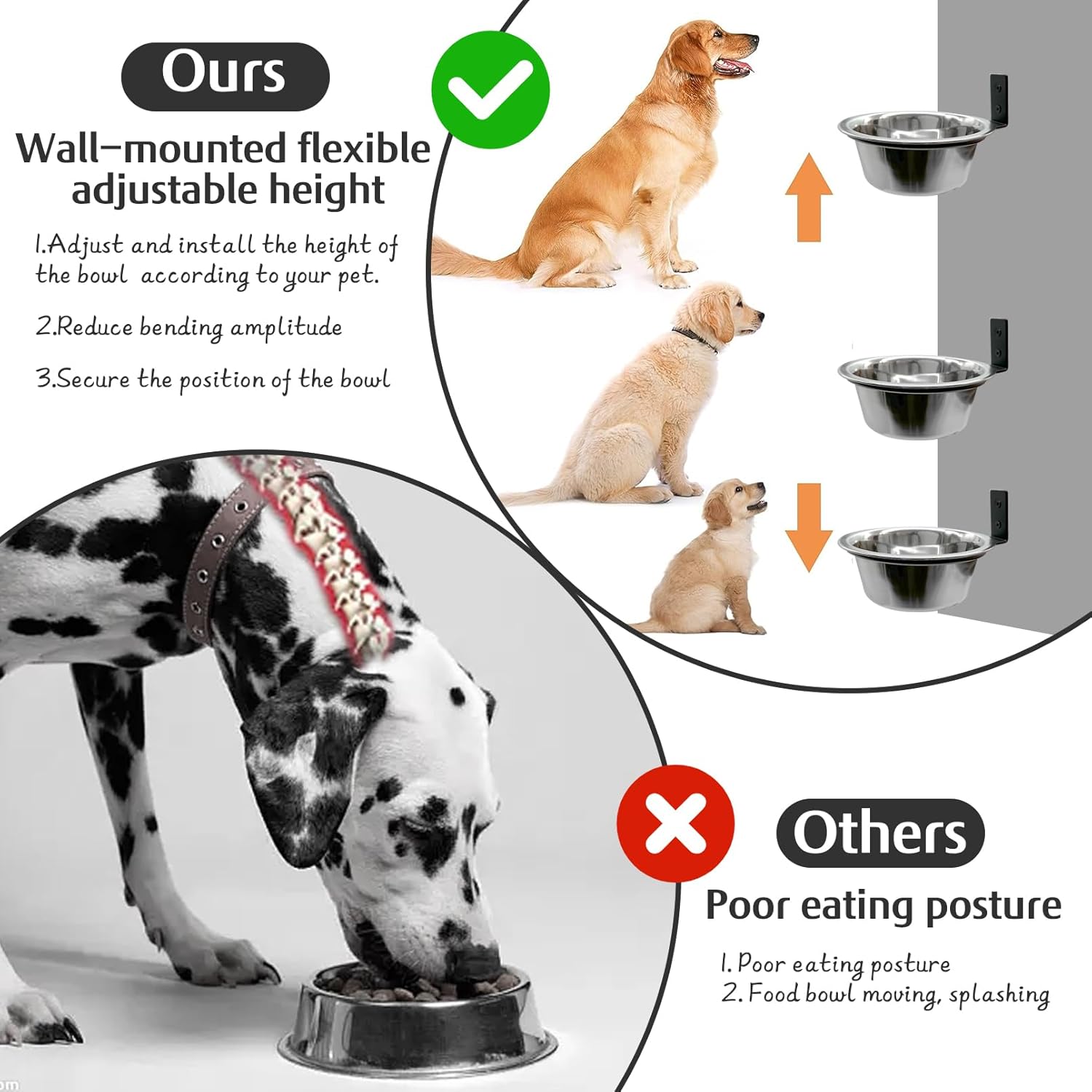 Hamiledyi 6 Pack Wall Mounted Elevated Dog Bowls - Adjustable Height Stainless Steel Raised Food & Water Bowls with Collapsible Stand for Medium & Large Dogs & Cats (M)