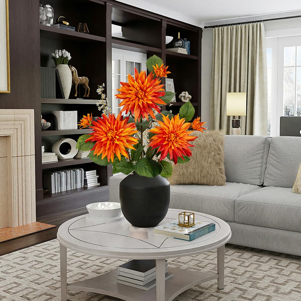 7.5'' Large Artificial Dahlia Flowers with Long Stems, 3pcs Orange Fake Flowers and 3pcs Decorative Faux Buds - Image 3