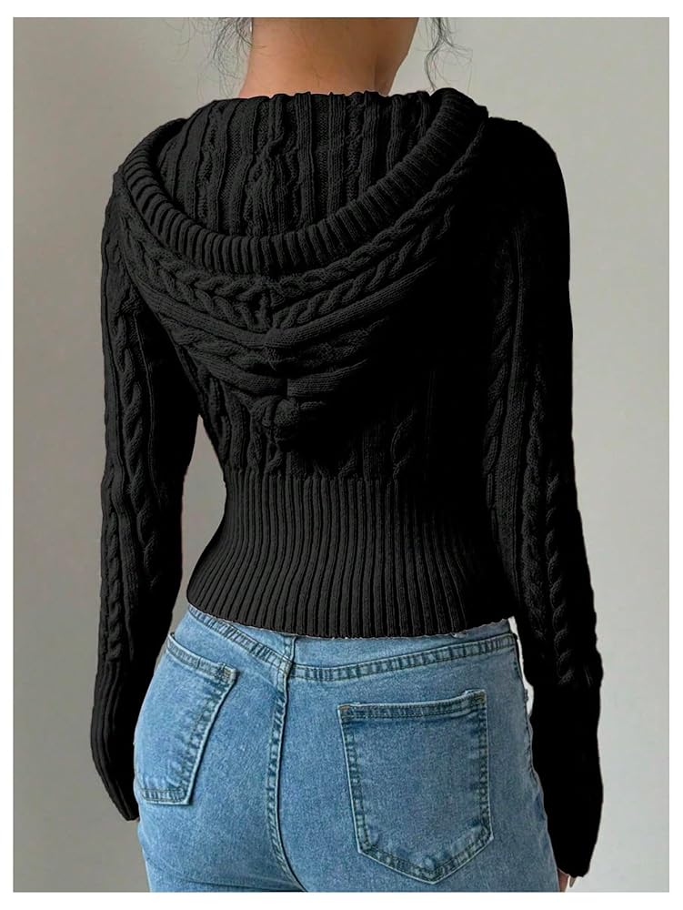 SOLY HUX Women's Zip Up Hooded Crop Cardigan Cable Knit