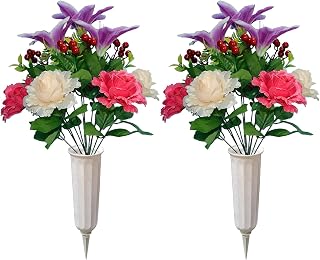 Artificial Memorial Flowers with Vase: Exquisite Gravestone Decor for Memorial Day (2)