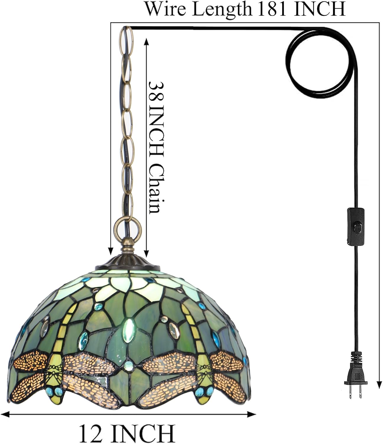 Tiffany Pendant Light Plug in 12 inch Stained Glass Hanging Lamp 39 Inch Chain 15 Feet Cord (Sea Blue Dragonfly)