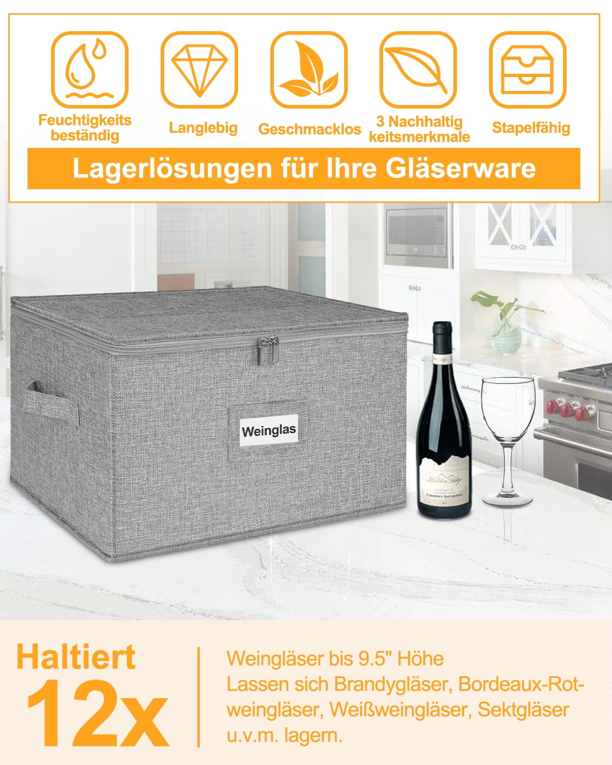 Weinglas Aufbewahrungsbox, für bis zu 12 Gläser, Stapelbar & Faltbar, 4-Schicht-Schutz, Feuchtigkeitsbeständig, für Umzug, Lagerung & Keller, 2er Set
