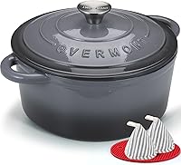 Vista 27 de Overmont Horno holandés de hierro fundido esmaltado, olla de 5.5 cuartos de galón con tapa de asas anchas, libro de cocina y agarraderas de algodón