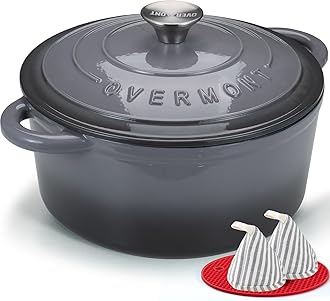 Overmont 4.2L Enamelled Cast Iron Round Casserole Pot With Lid Cookbook & Cotton Potholders - Non-stick Dutch Oven Cookware for Braising, Stews, Roasting, Bread Baking - Grey, 24cm