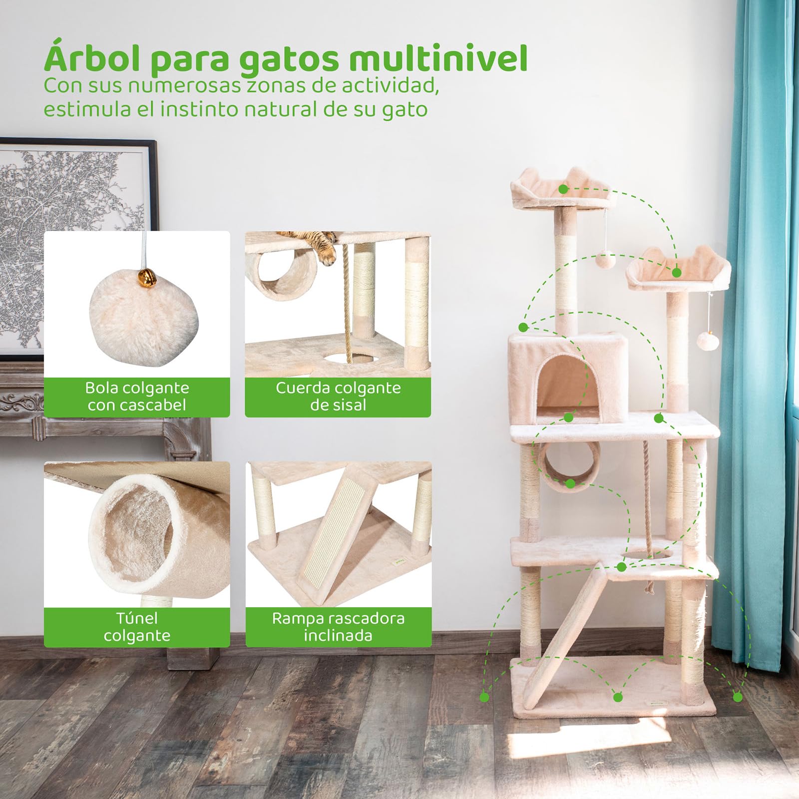 Árbol para Gatos XL, rascador para Gatos, Plataformas, caseta, Hamaca, túnel, Pelotas, columnas de sisal, Felpa, Altura 150 cm, Beige, garantía de 5 años