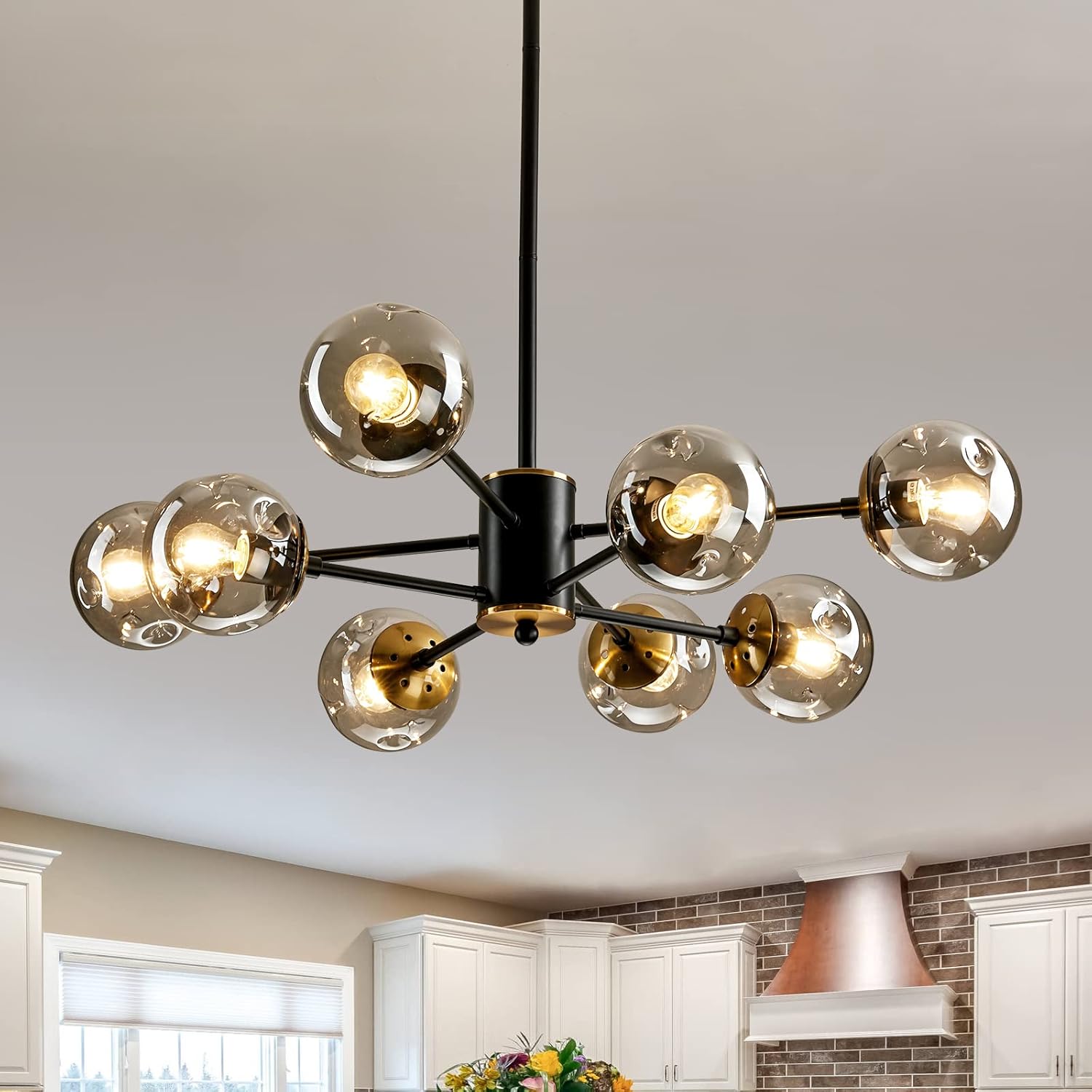 OQIZUEY 8-Light Glass Globe Sputnik Chandelier Matte Black and Gold Mid Century Modern Ceiling Light Fixture Adjustable Vintage Hanging Pendant Lighting for Dining Room Kitchen Bedroom Farmhouse 8 light