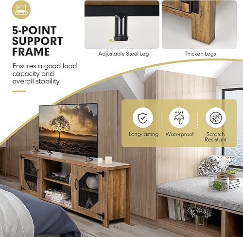 Miniatura 9 de Tangkula Soporte de TV de granja para televisores de hasta 65 pulgadas, gabinete de consola multimedia con 2 puertas de malla metálica y estantes