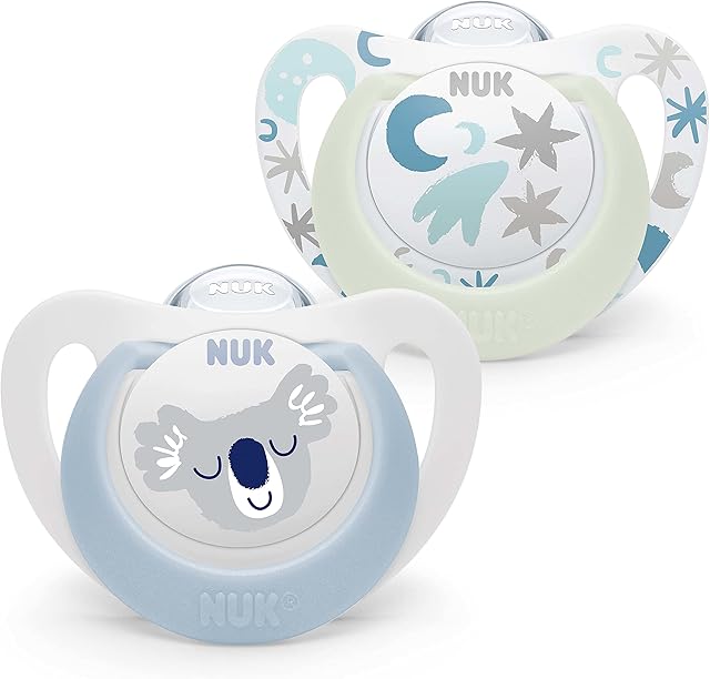 NUK Star Baby Dummy | 0-6 Months | Day & Night Soothers | BPA-Free Silicone | Blue Koala | 2 Count