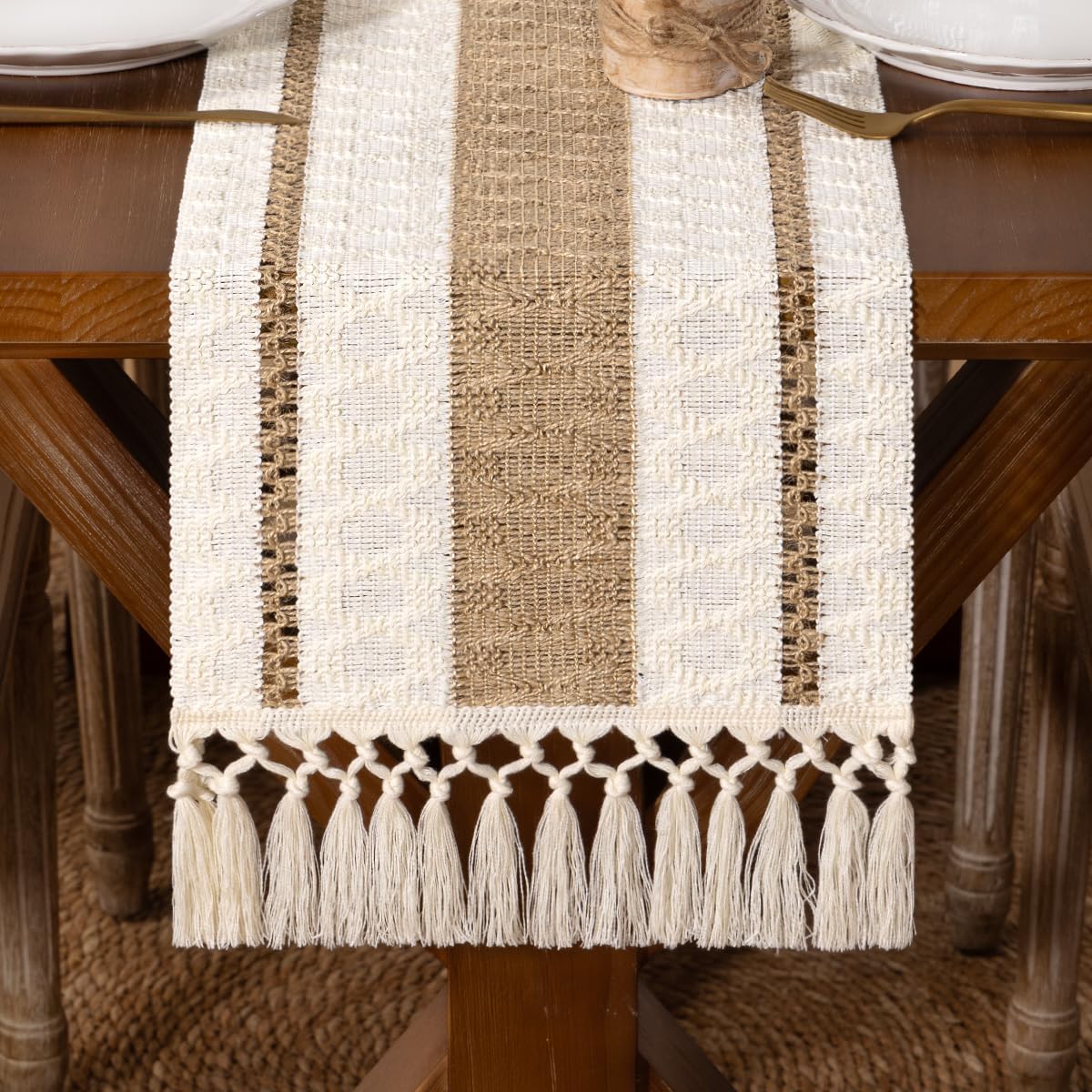 Boho Macrame Table Runner Farmhouse Woven Small Table Runner with Tassels 36 Inches Ivory& Burlap Brown Cotton Linen Kitchen Table Centerpiece for Dining Dresser Home Tea Table Decor Ivory & Burlap Brown 12" x 36"