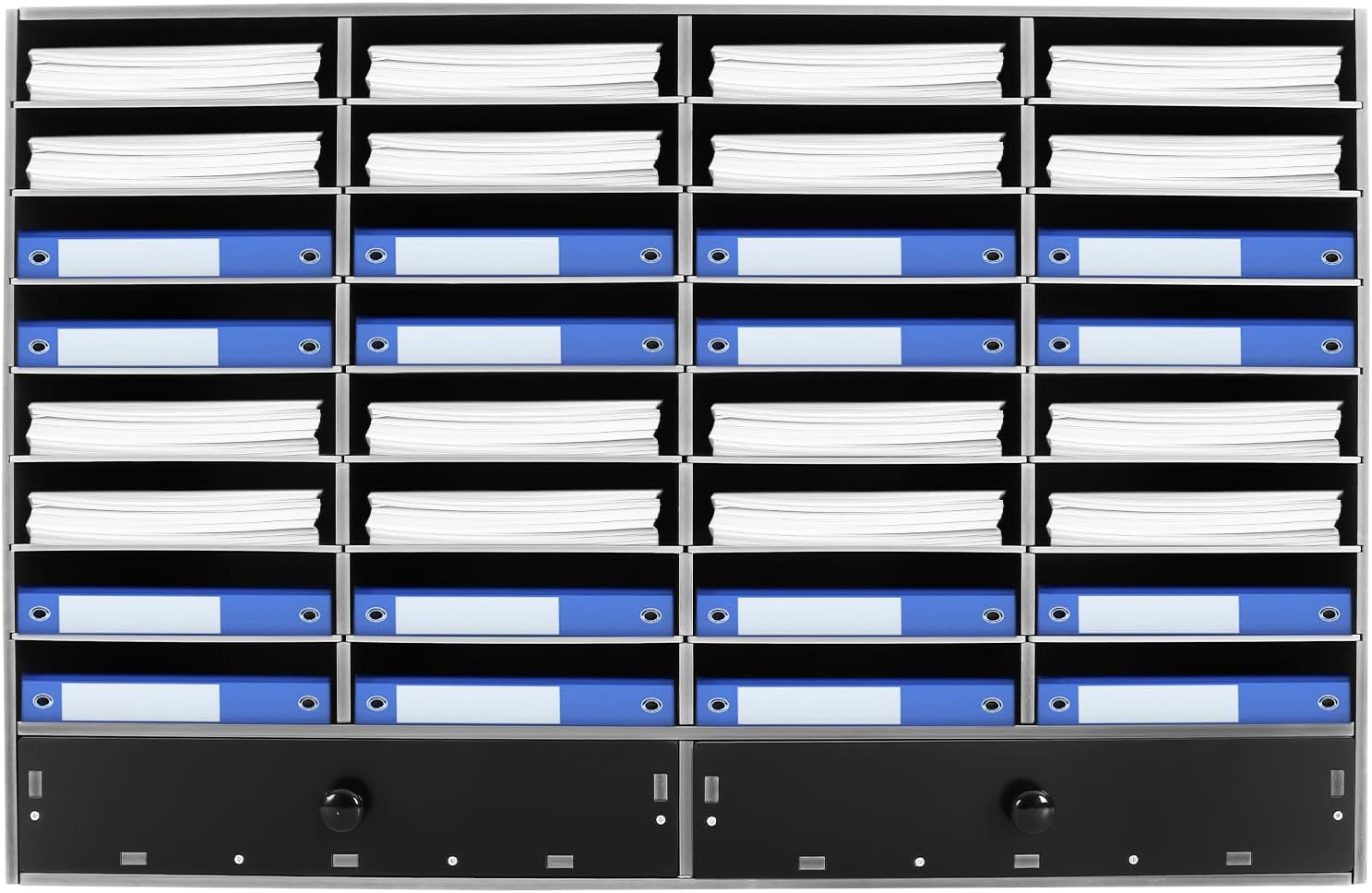 Literature Organizer 32 Compartments Office Mailbox with Removable Panels Paper Organizer Desktop File Sorter Mail Center with 2 Drawers Cabinet Bearing Weight 110lbs (Black)