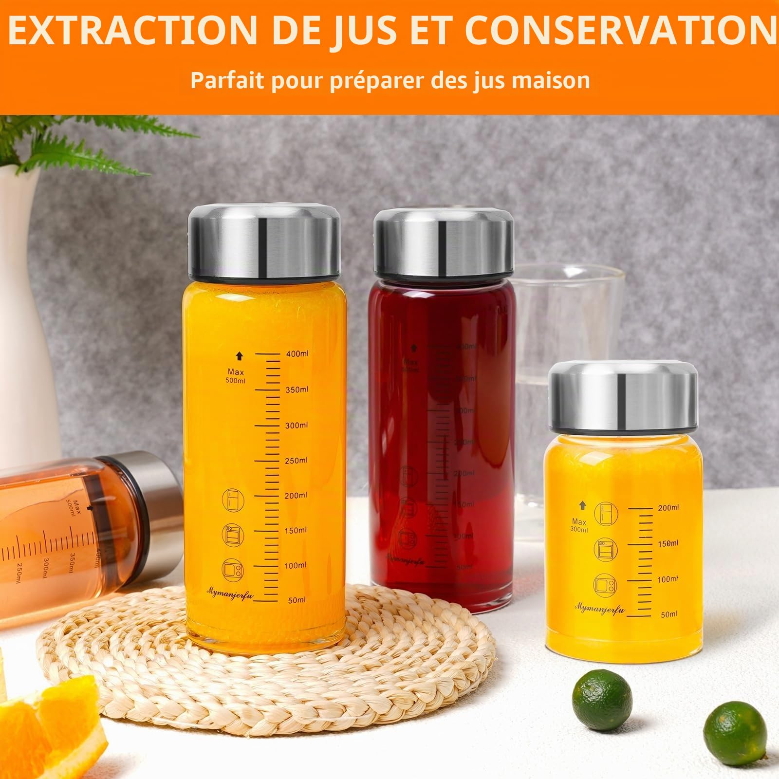 Lot de 6 bouteilles d'eau en verre de 355 ml avec couvercles – Pour jus, smoothies, lait, protéines, réutilisables, couvercles en acier inoxydable, anti-fuite, shaker (400 ml)