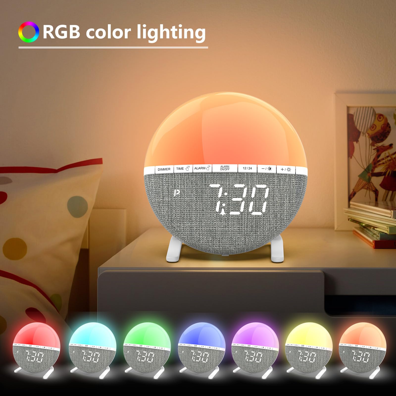 Despertador Luz Amanecer, Simulador de Amanecer con Función de Repetición, Despertador Luz Natural, Wake Up Light con 10 Niveles de Brillo, 7 Sonidos Naturales, 8 Modos de Color para Adultos y Niños