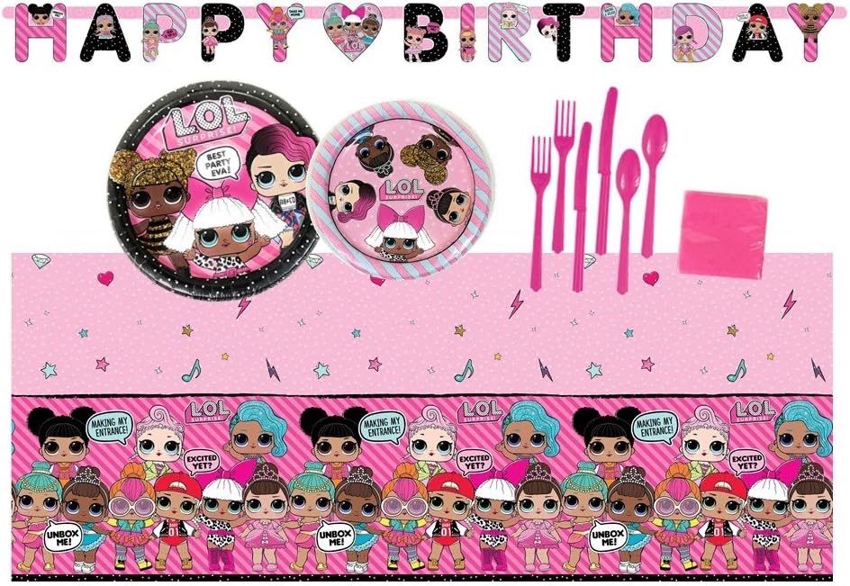 L.O.L. Surprise Doll Birthday Party Supplies Bundle Set for 16 Guests - Plates, Tablecover, Banner, Cutlery, Napkins