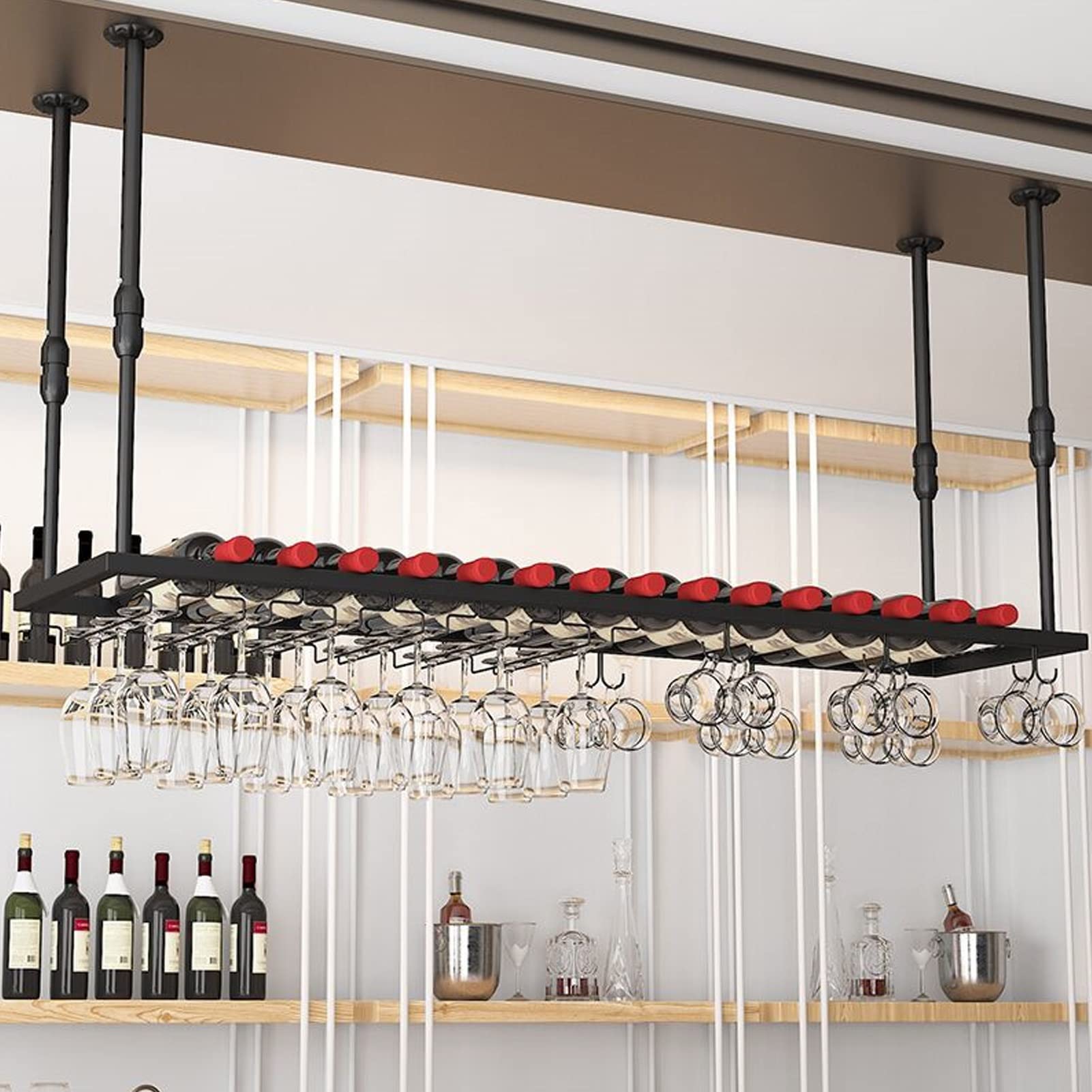 Support mural pour verres à vin et bouteilles suspendu au plafond étagère bar 100x30 cm