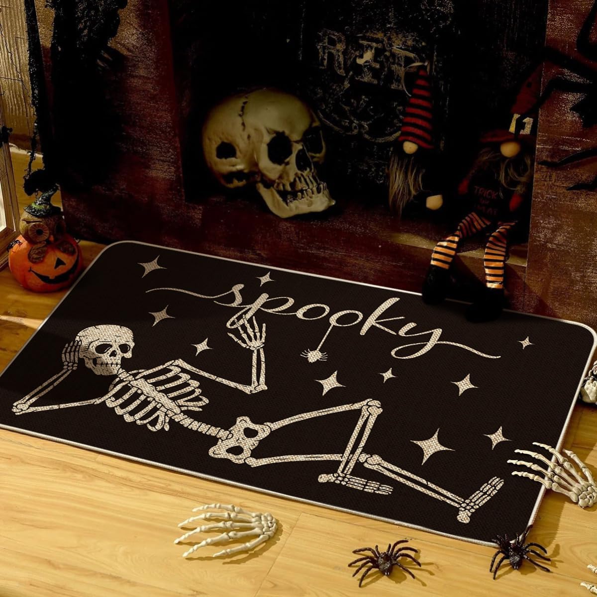 Artoid Mode Spooky Skeleton Spider Bone Black Halloween Doormat 17x29 Inch