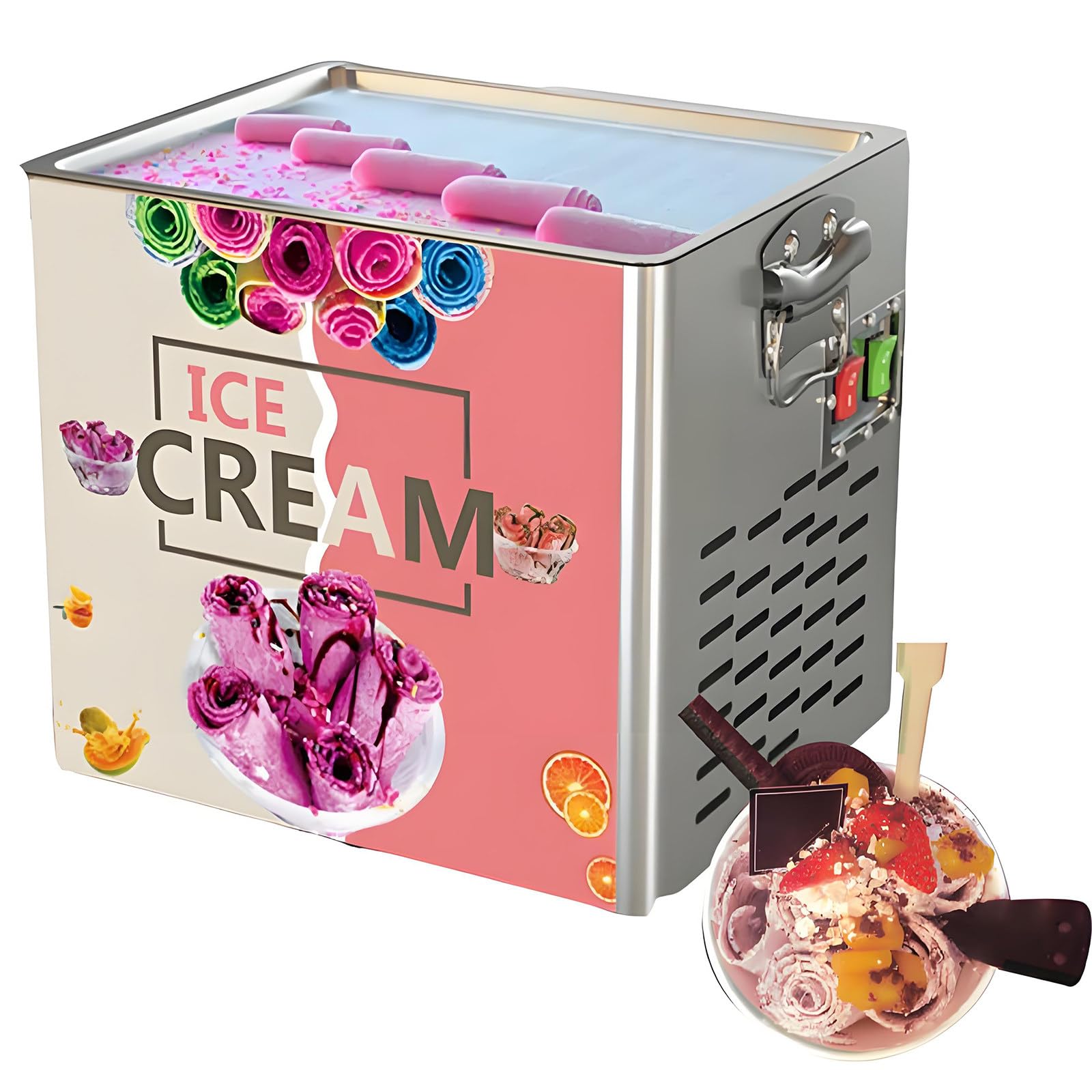 HuanSebesity Multifunctional Fried Ice Cream Roll Machine,Electric Stir-Fried Yogurt & Smoothie Maker,Food Grade Stainless Steel Countertop Equipment for Dessert Shop Catering