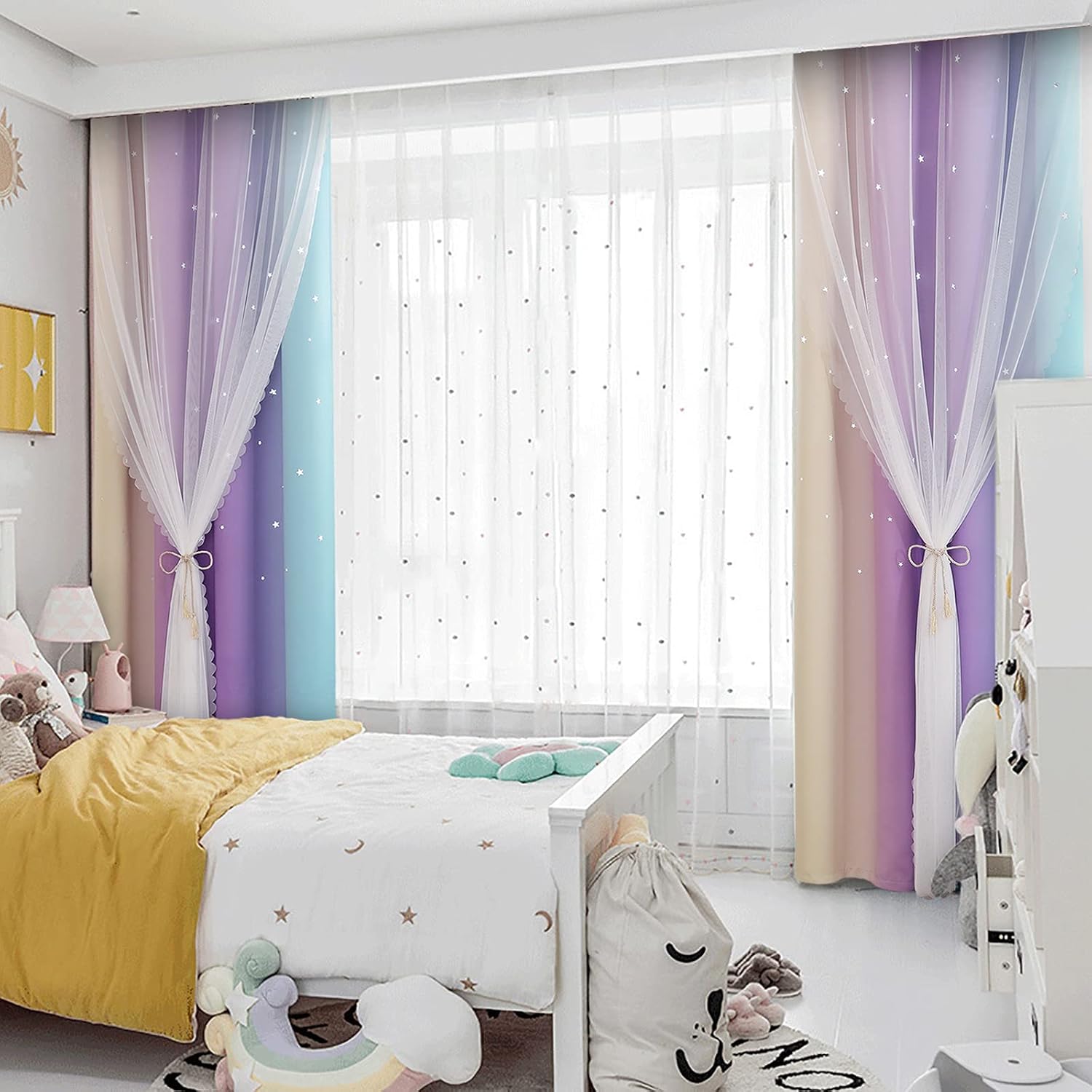 Anjee Curtains for Girls 2 in 1 Double Layer Cutout Star Light Blocking Ombre Grommets Top Drape with Lace Sheer Voile Gauze for Living Room Kids Bedroom 2 Panels 52 x 95 inch, Blue Purple Yellow