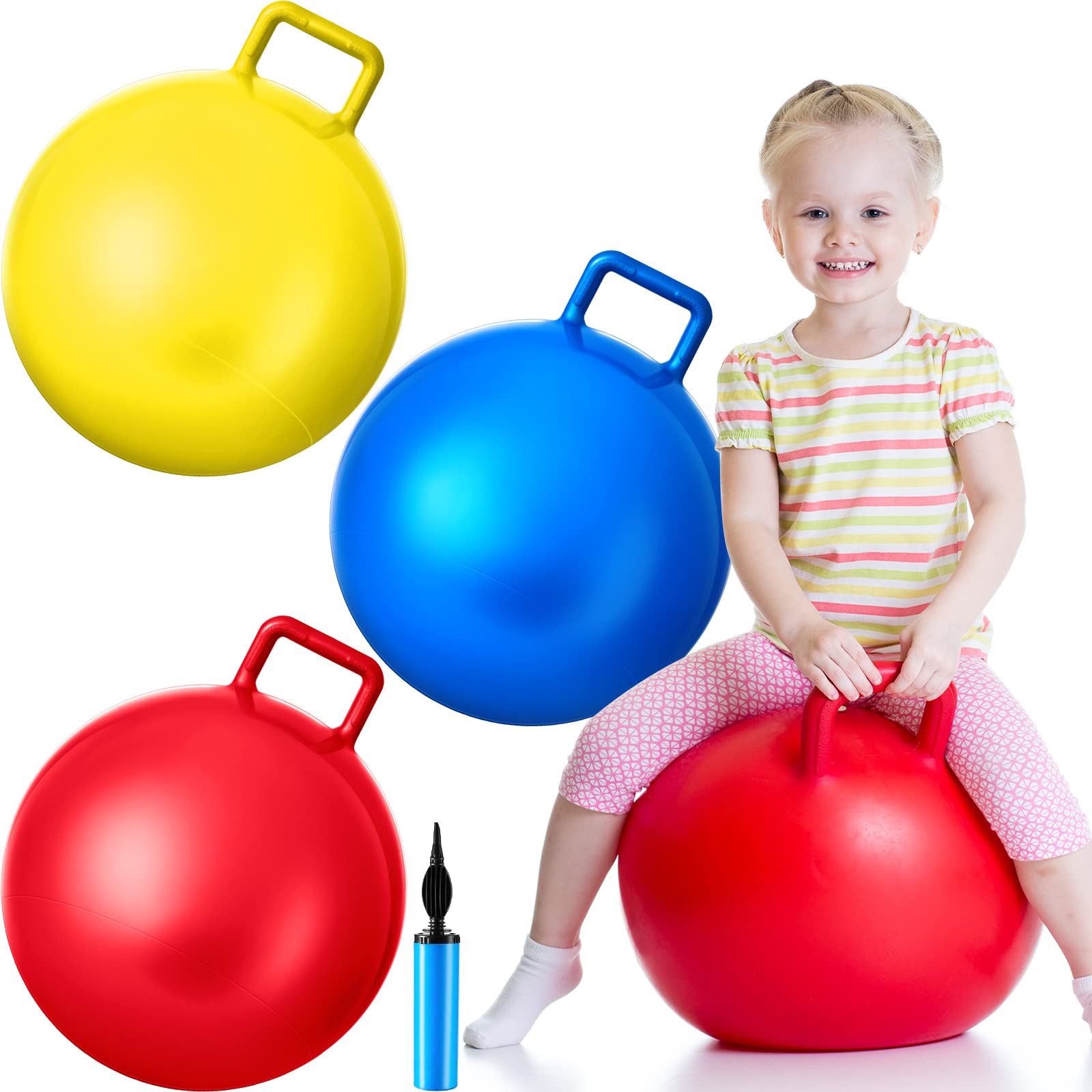 Lewtemi3 Pcs 22 Inch Bouncing Ball with Handle, Outdoors Hopper Jumping Hopping Ball and Air Pump for Sports Exercise (Red, Blue, Yellow)