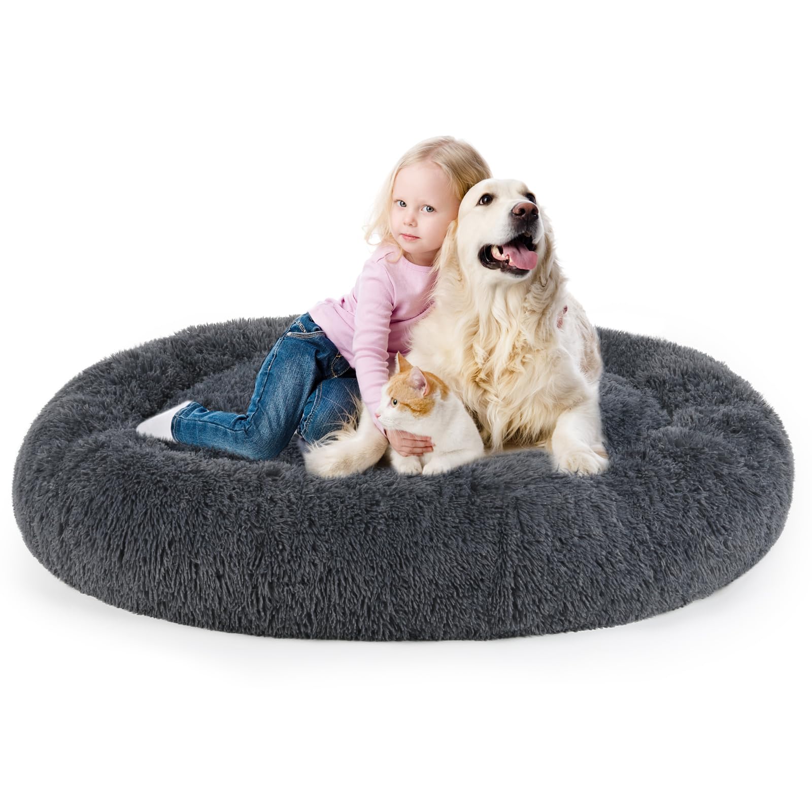 Dog Bed, Calming Dog Bed, Faux Fur Fluffy Dog Bed for Extra Large Dogs, Dog Bed for Humans Fits You and Pets, Pet Cuddler Oval Plush Bed