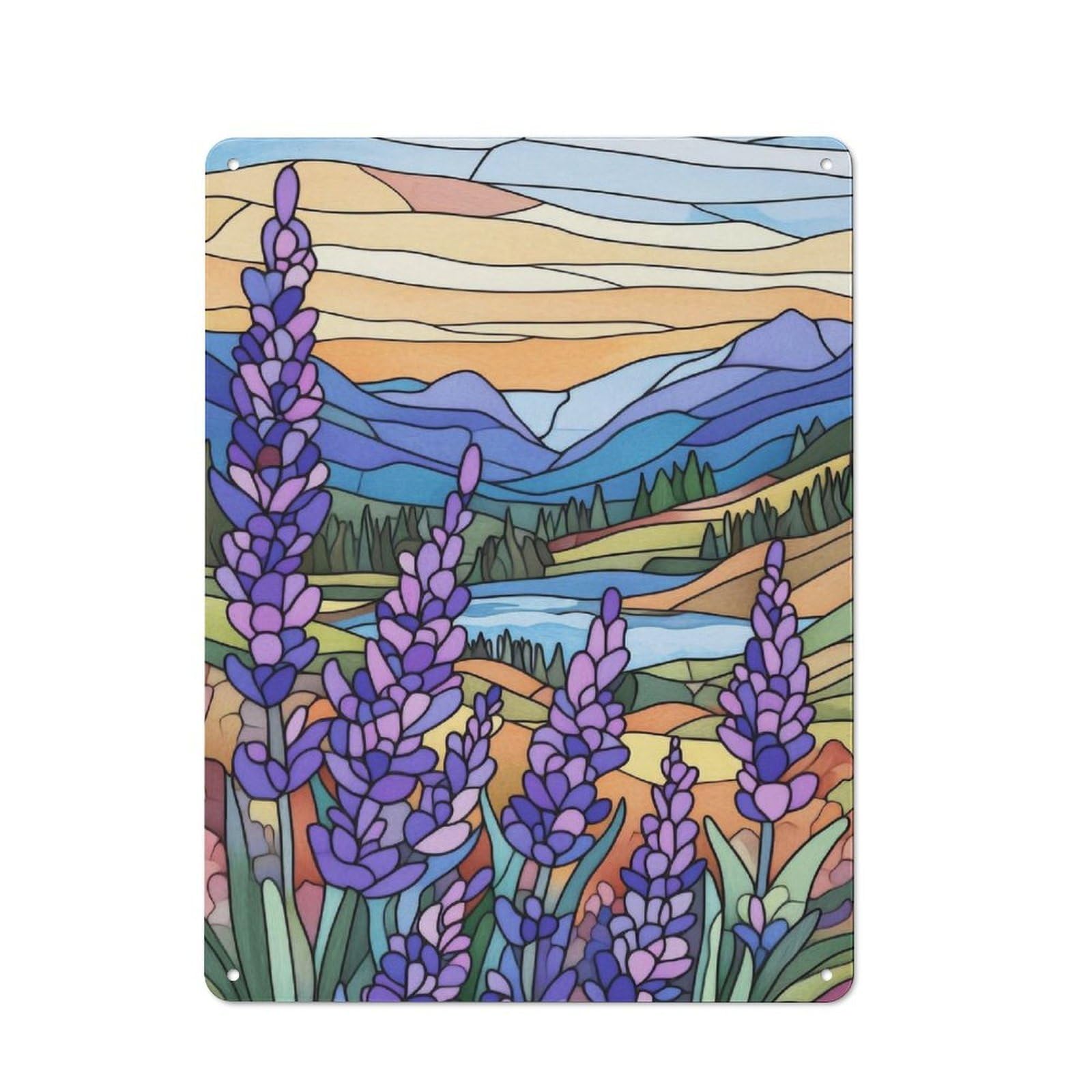 Stained Glass Mountain Landscape Metal Wall Sign 40x30cm, Rustic Classic Pub Decor for Cafe, Pub, Workshop Or Home Bar