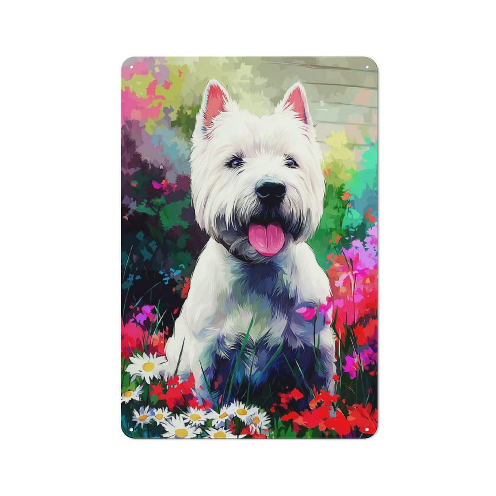 Junmoney Floral Fantasy With White Dog Tin Wall Plaque 30X20cm With For Bar Or Restaurant, Suited To Restaurant Interior Fans