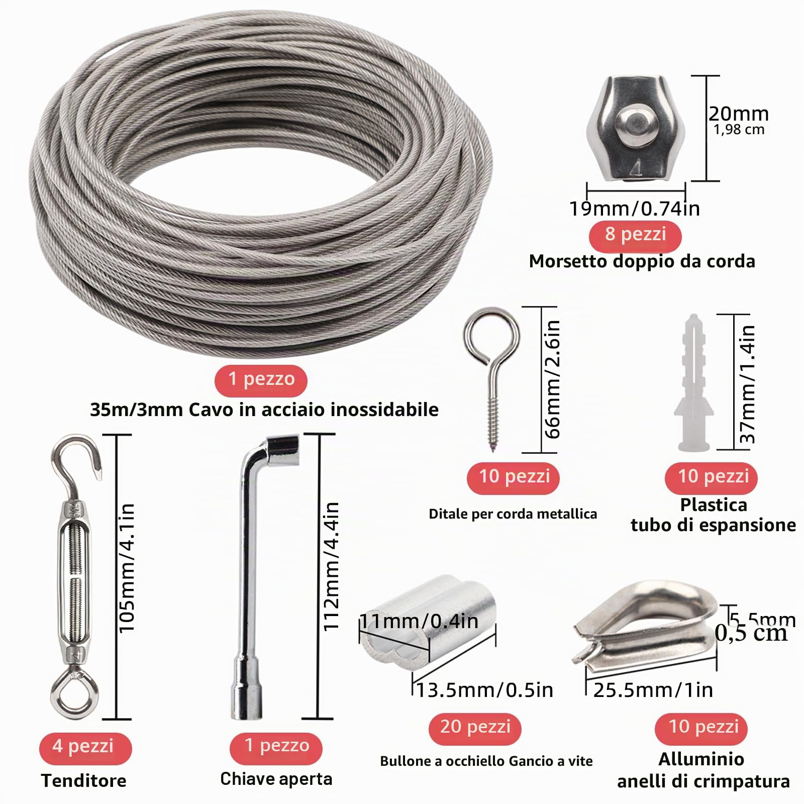 Set di 64 Corde in Acciaio Inox 304, 35 m, Spesse 3 mm, Con Tenditori per Piante Rampicanti, Tende e Recinzioni